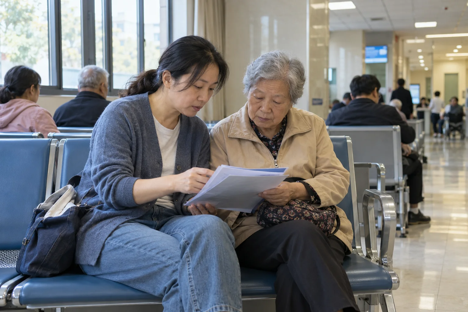 陪诊师与年长就诊者坐在医院公共等候区,一起确认手中的资料与行程安排